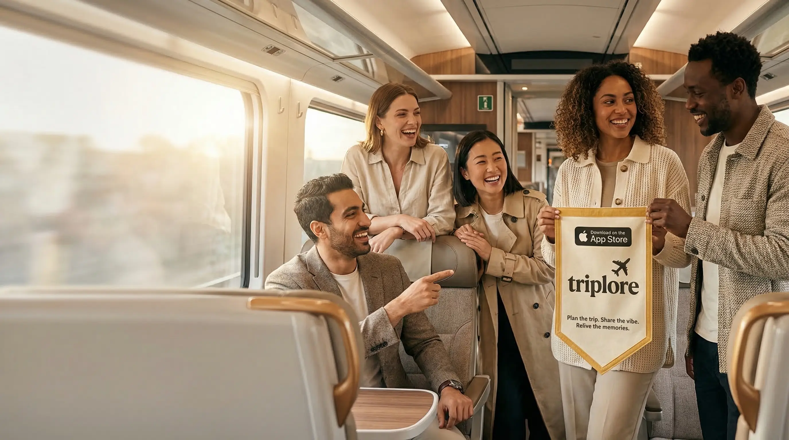 Friends planning a trip together on a sunny train journey — Download on the App Store